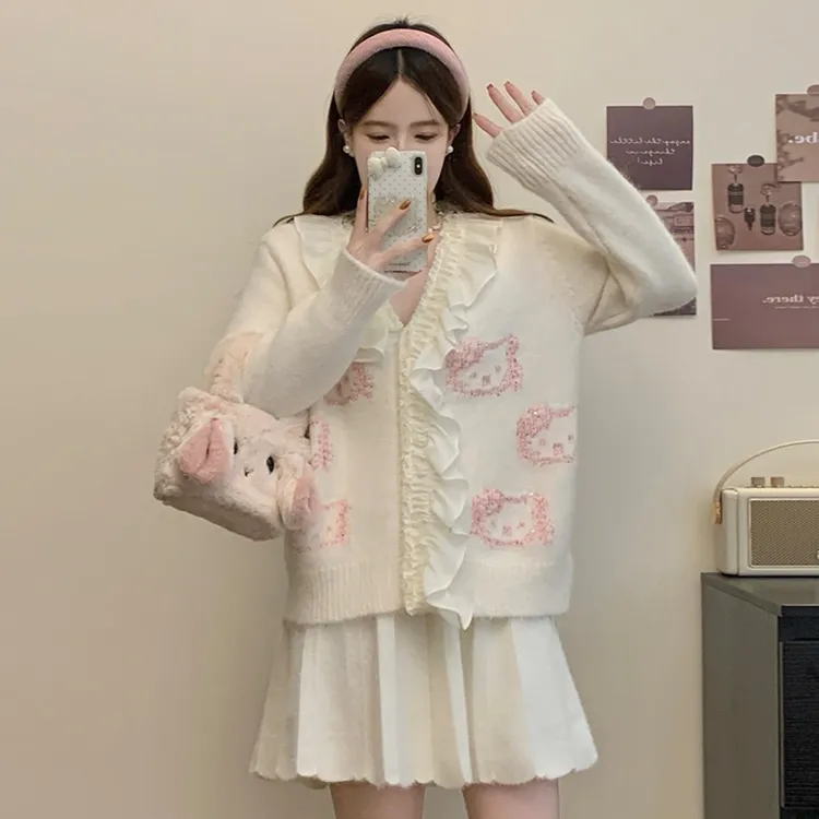MO88ZSPF大码蕾丝花边软糯针织开衫宽松甜美温柔毛衣+半身裙套装