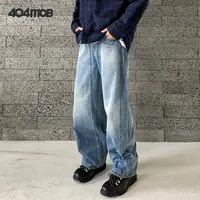 404MOB重工洗水牛仔裤男竹节做旧弯刀裤直筒微喇廓形秋冬长裤子潮