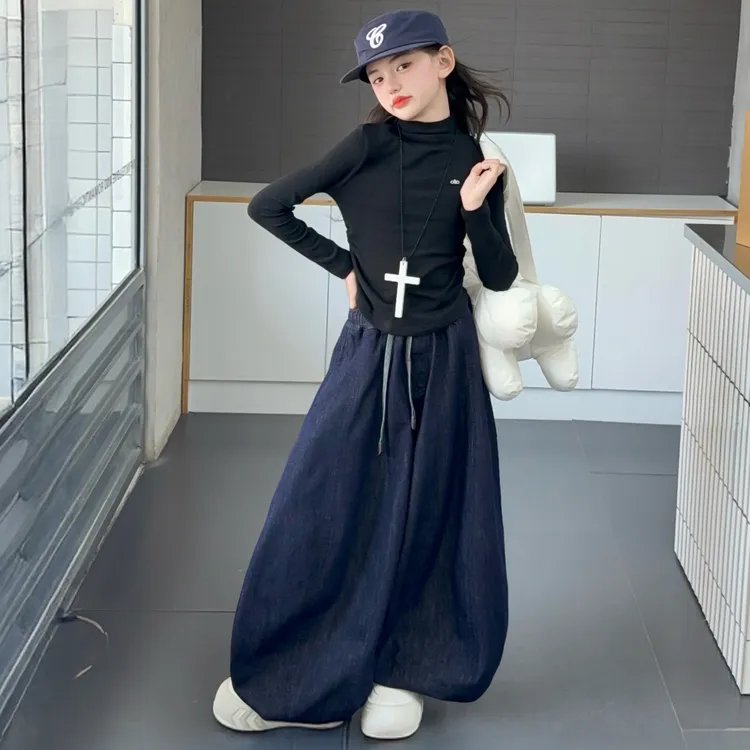 女童春秋季新款套装儿童t恤长袖打底衫女孩百搭牛仔阔腿裤两件套