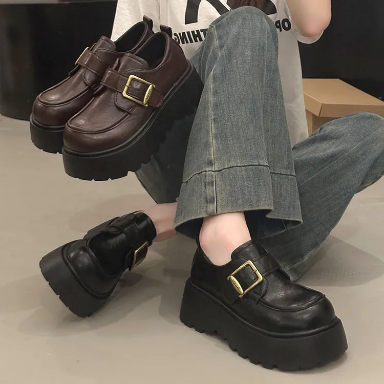 7cm厚底增高乐福鞋女2025春秋季新款平底单鞋黑色英伦松糕小皮鞋