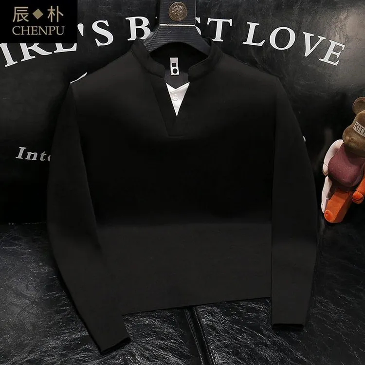 潮流春秋韩版时尚纯色百搭帅气男士长袖上衣打底衫衬衫商务休闲潮