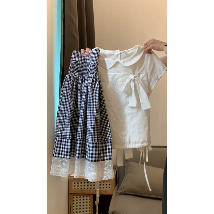 独特绝美超好看女短袖衬衫夏季新款韩系蕾丝拼接格纹半身裙两件套