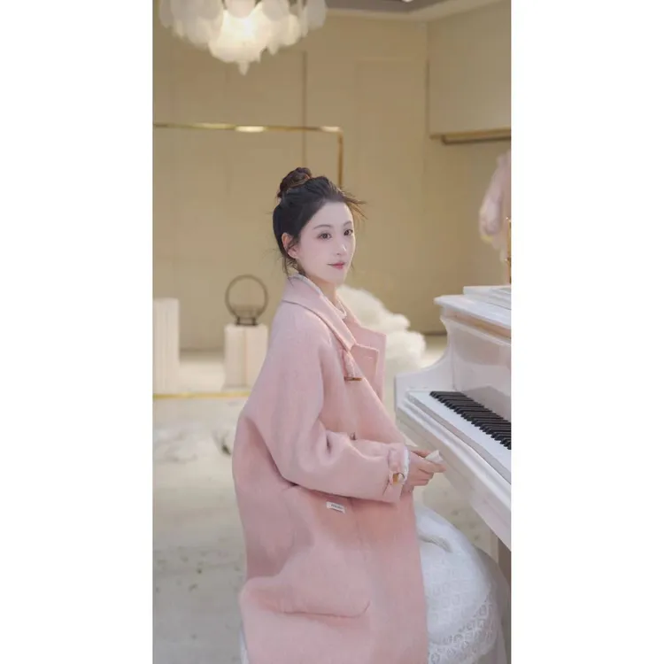 【琥珀】秋冬翻领中长款韩系毛呢呢子外套牛角扣双面羊毛大衣703004