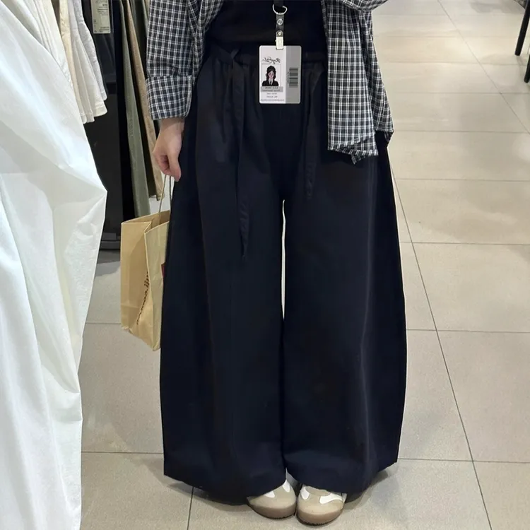 藏青色阔腿弯刀裤女秋装小个子宽松镰刀裤大码胖mm休闲显瘦气球裤