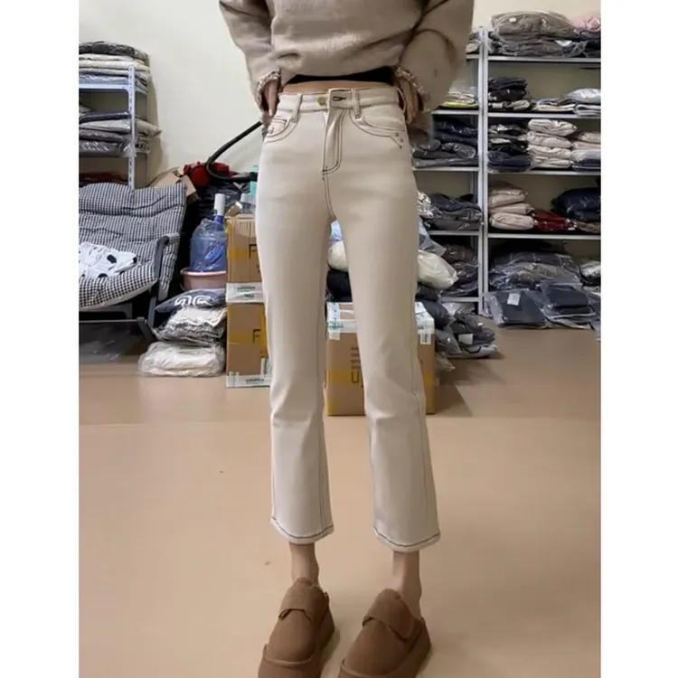 2025秋冬新款厚绒梨形身材直筒牛仔裤大码高腰弹力显瘦九分烟管裤