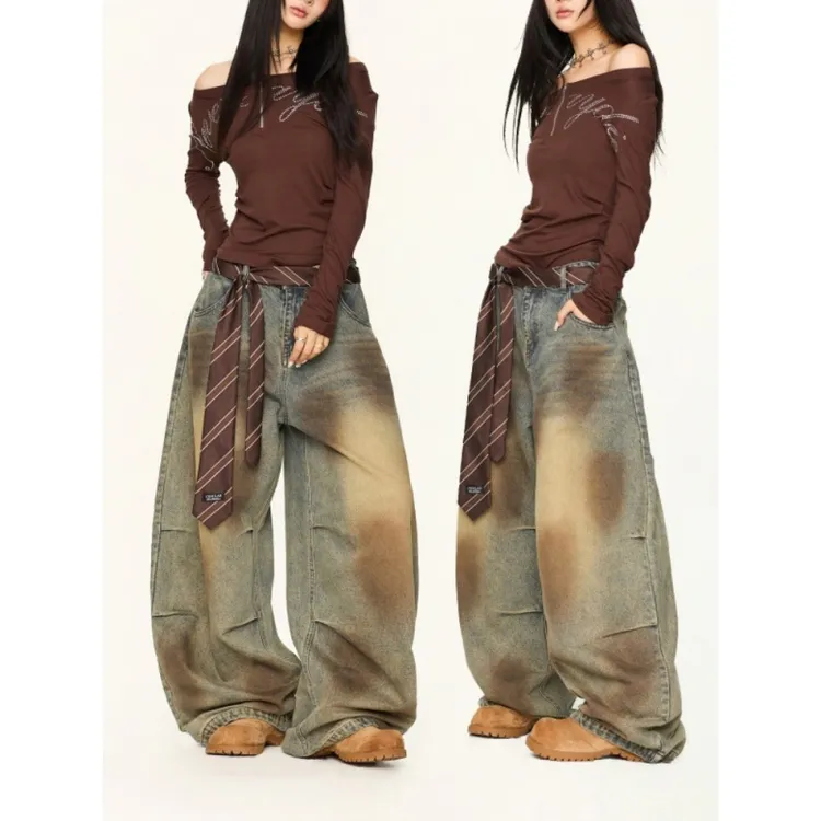 【送领带】美式复古刺绣牛仔裤女冬季新款设计感街头高腰宽松阔腿裤