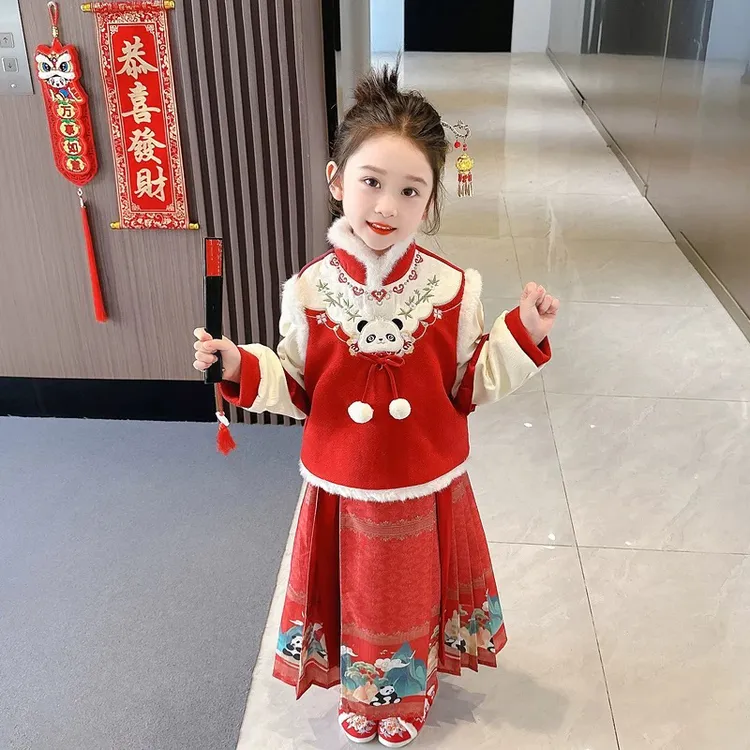 拜年服儿童红色熊猫拜年服3-12岁棉服