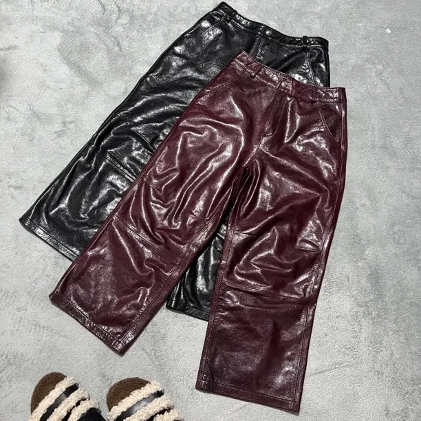 秋冬真皮水晶油蜡松紧腰女士九分阔腿皮裤显瘦百搭休闲