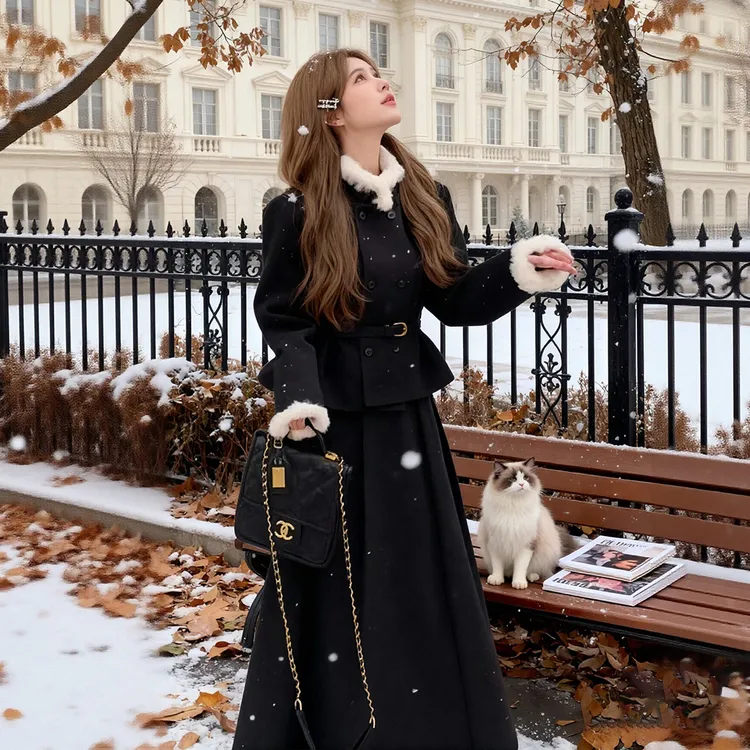 韩系富家千金小香风套装女秋冬高级感穿搭双排扣外套半身裙两件套