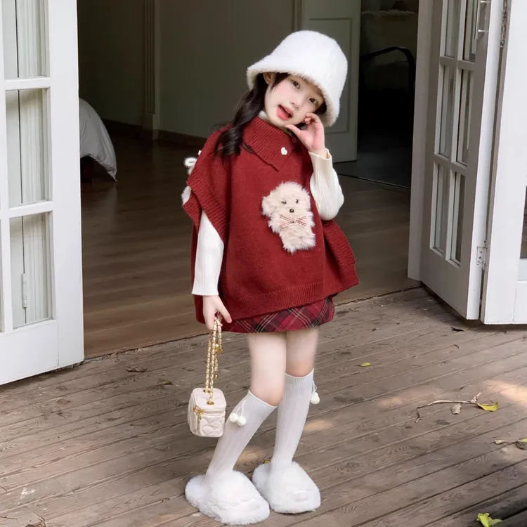 甜小七女童2025秋冬新款韩版洋气毛衣马甲短裙高领毛衣打底衫套装