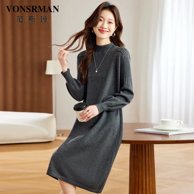 VONSRMAN休闲针织连衣裙女2025秋季新款时尚设计感气质百搭中长裙