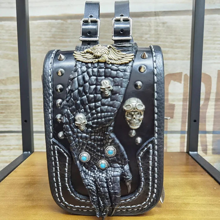 纯手工真皮定制腰包 黑色鳄鱼纹骑士包 复古哈雷风定制时尚腰包
