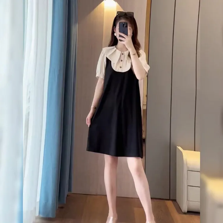 大码娃娃领连衣裙女夏季胖mm赫本黑色连衣裙微胖mm藏肉显瘦裙子