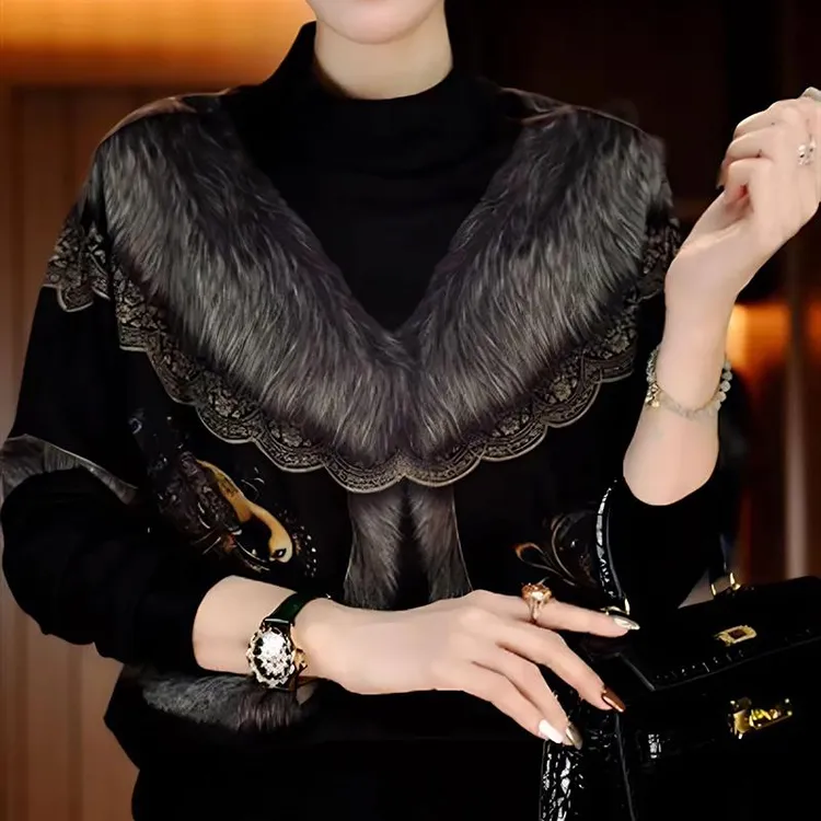 哥弟阿玛施正品妈妈秋冬新款高端印花显瘦保暖上衣百搭气质时尚女