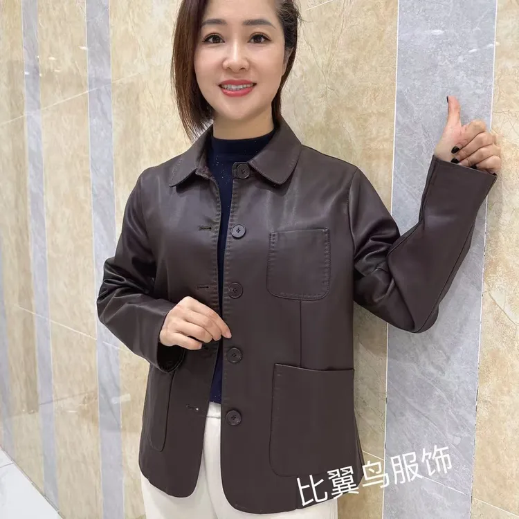 2025春秋极简风纽扣女装网红休闲显瘦气质款水洗皮皮衣夹克外套