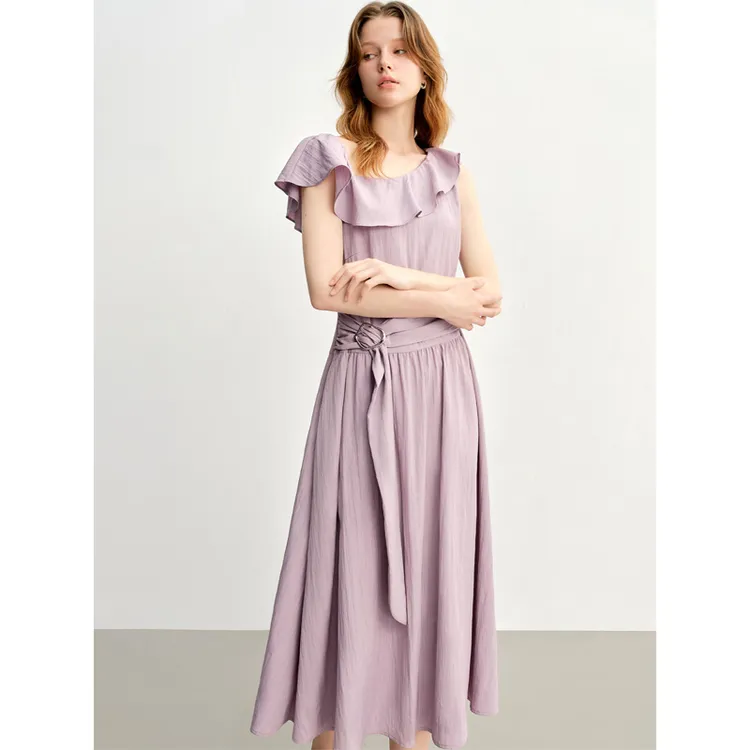 独束大码女装【雾紫丁香】荷叶边斜肩无袖连衣裙长裙25DS88013