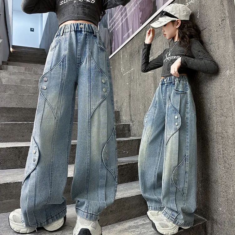 女孩牛仔裤阔腿裤子春秋季新款2025爆款洋气小大女儿童D4韩版潮范