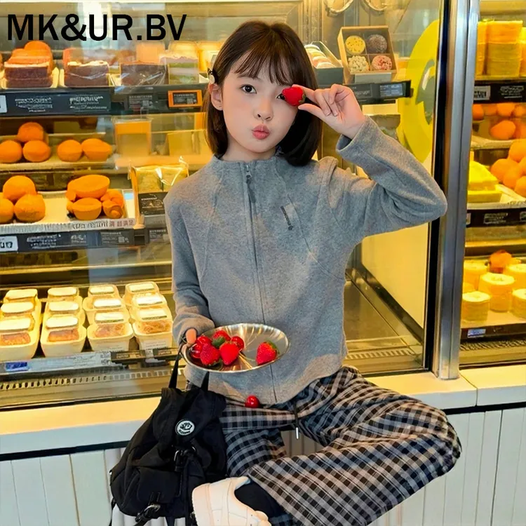 MK&UR.BV女童秋装套装2025年款衣服儿童洋气时髦休闲格子裤俩件套
