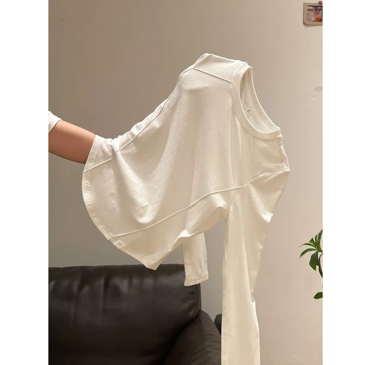 韩系白色鱼骨弧形下摆正肩长袖内搭t恤2026秋季新款打底衫上衣女