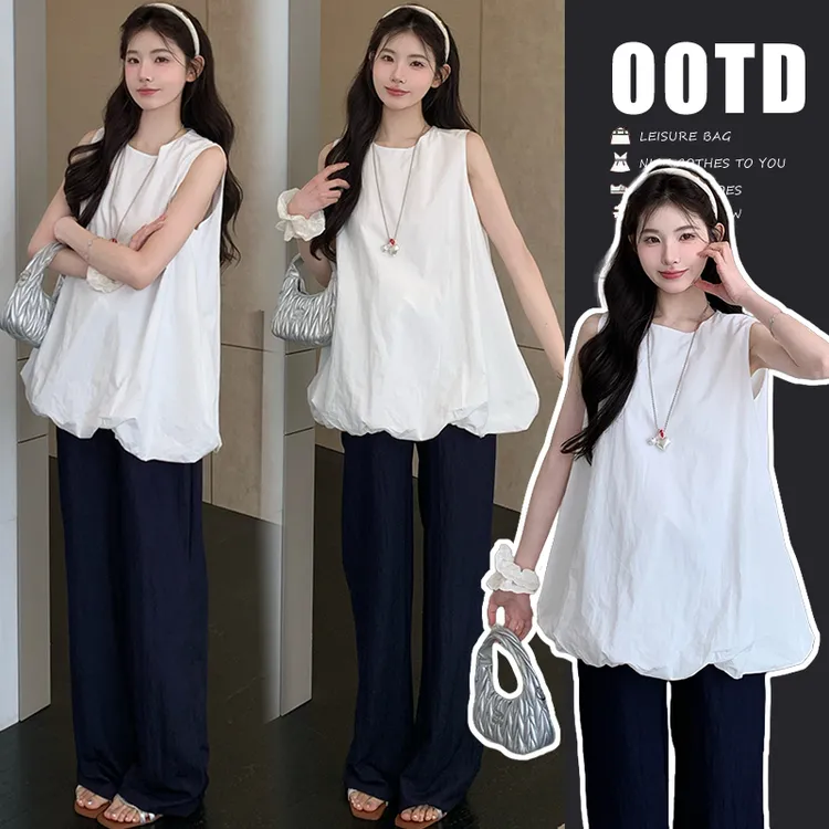 孕妇装夏装套装2025新款韩版花苞孕妇上衣时尚显瘦抽绳阔腿孕妇裤