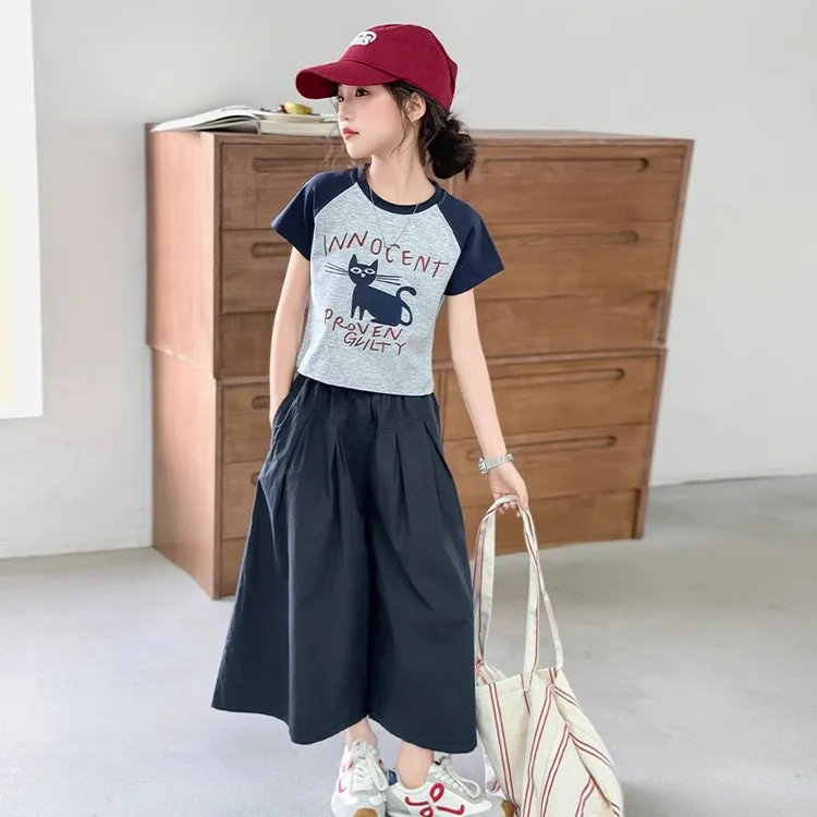 女童夏装套装2025新款女大童夏季洋气短袖T恤儿童阔腿裙裤两件套