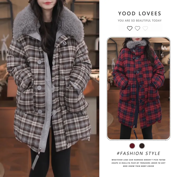 复古格纹毛毛领撞色棉服外套女冬季2025新款中长款小个子时尚棉衣