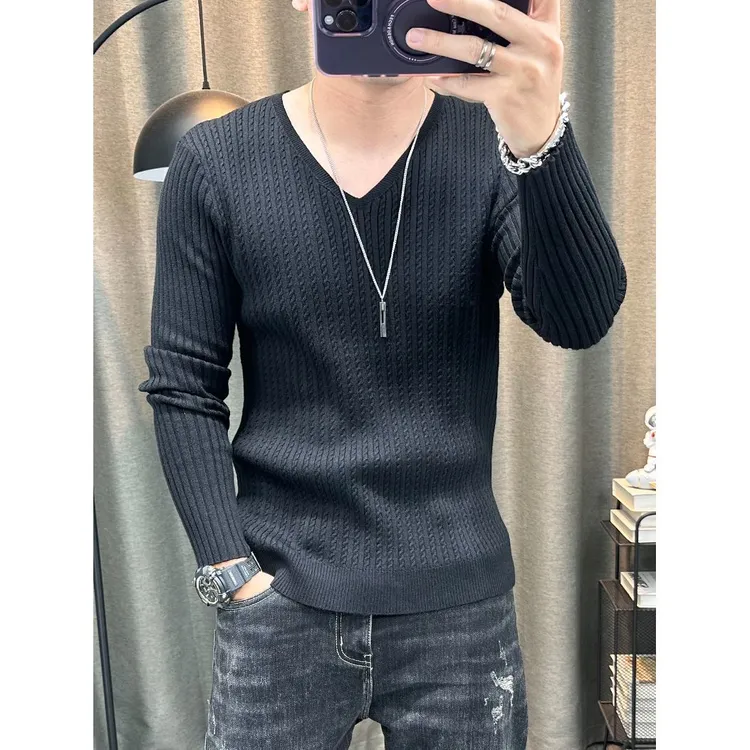 男士毛衣秋冬新款弹力纯色修身针织衫薄款长袖毛线衣上衣紧身打底