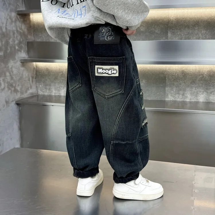 男童加绒裤子秋冬款2025新款儿童冬季一体绒直筒裤宝宝冬装牛仔裤