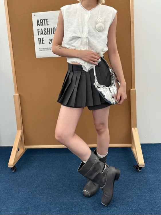 HELLOTANGO《回忆乐章》夏季韩系时髦芭蕾风百褶假两件裙裤85710#
