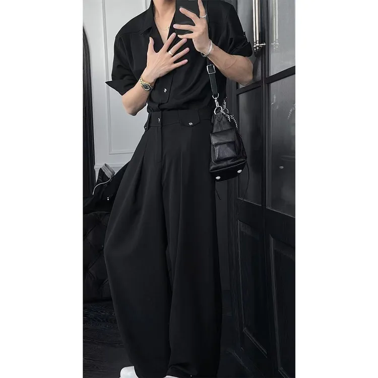 龙刀刀夏季新款潮流简约高级感复古宽松衬衫阔腿弯刀长裤套装
