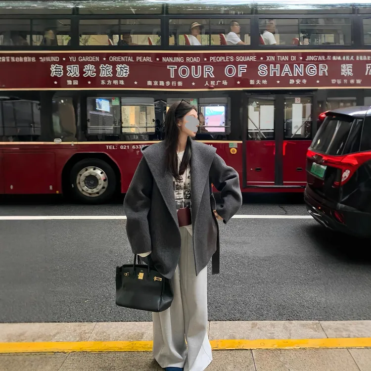 区区ouyang同款秋冬羊毛双面呢小个子大衣款式连帽斗篷毛呢外套