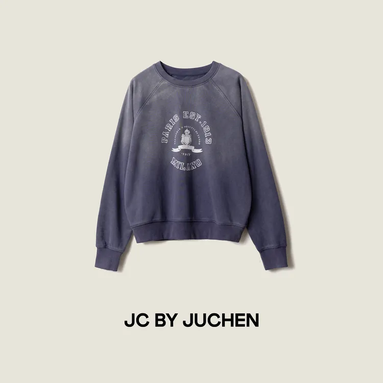 “巴黎校队“破损做旧水洗学院风棉质圆领套头运动卫衣FW117012-195