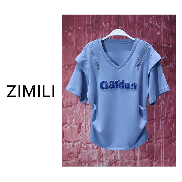 【亮哥女装】2025欧版轻薄透气雾蓝色字母珠片绣休闲时尚T恤8370