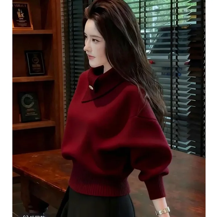 哥弟阿玛施正红色毛衣女款2025秋冬新款气质高级感短款羊毛针织衫