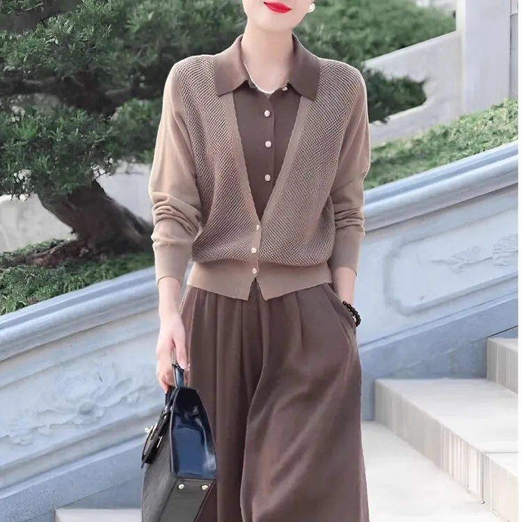 长袖春秋款假两件款毛针织衫外搭衬衫显瘦早秋针织衫通勤气质套装