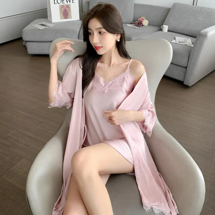 GPSUNLU睡裙夏季冰丝绸吊带睡衣女款短袖薄款性感V领睡袍新款