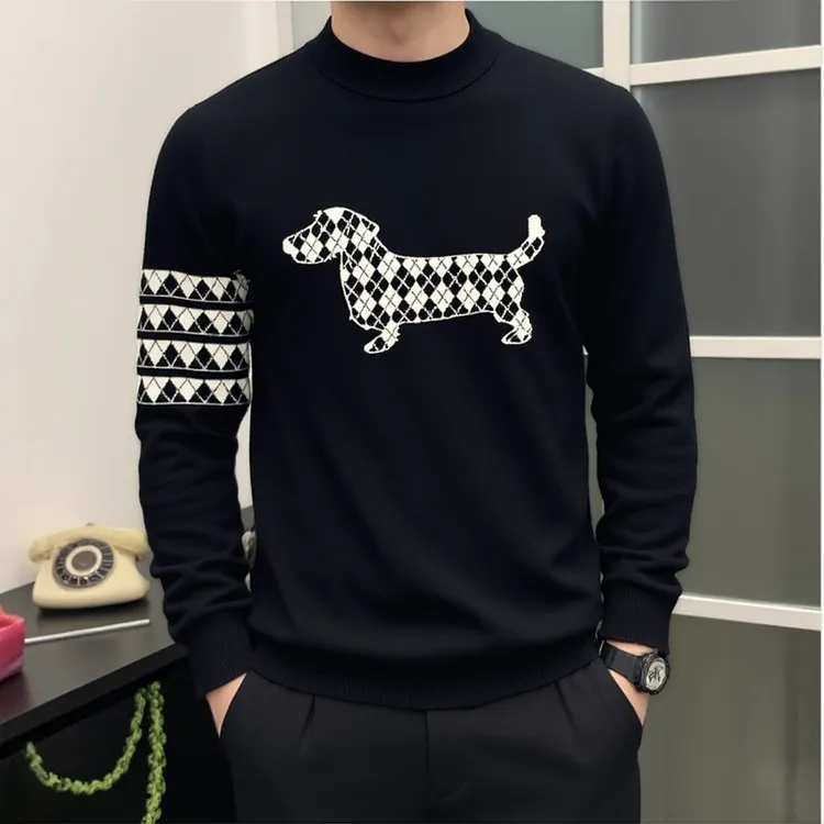 Tispair/蒂斯派尔潮牌秋冬季圆领保暖提花长袖男修身拼色百搭针织
