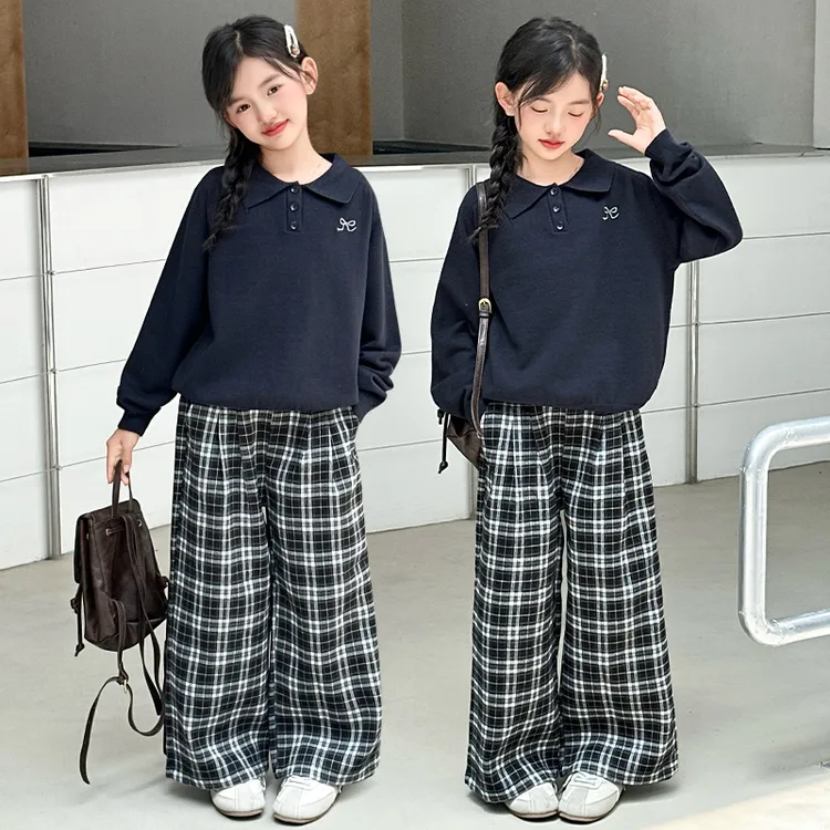 女童秋装套装2025年款衣服儿童春秋款中大童网红休闲格子裤两件套