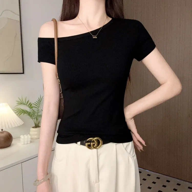 一字斜肩短袖t恤女2025新款夏季修身气质显瘦设计感黑色短袖t恤女