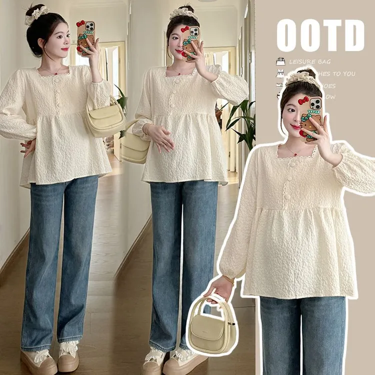 2025春秋季新款孕妇装韩版洋气减龄甜美宽松百搭优雅上衣娃娃衫