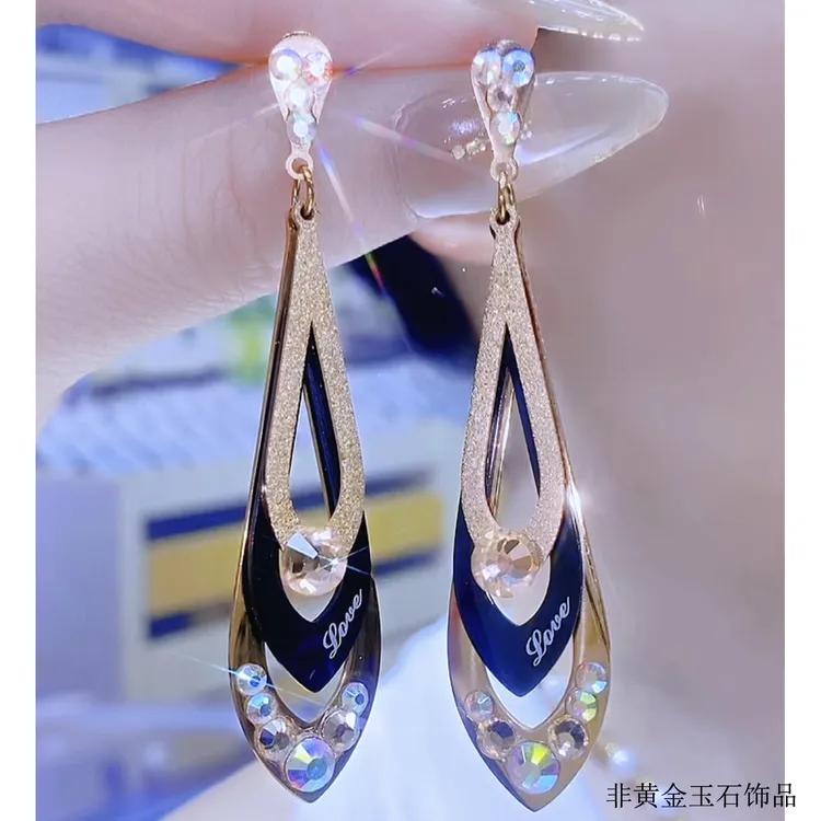 铜合金合成锆石耳饰 时尚气质个性款几何菱形流苏耳环