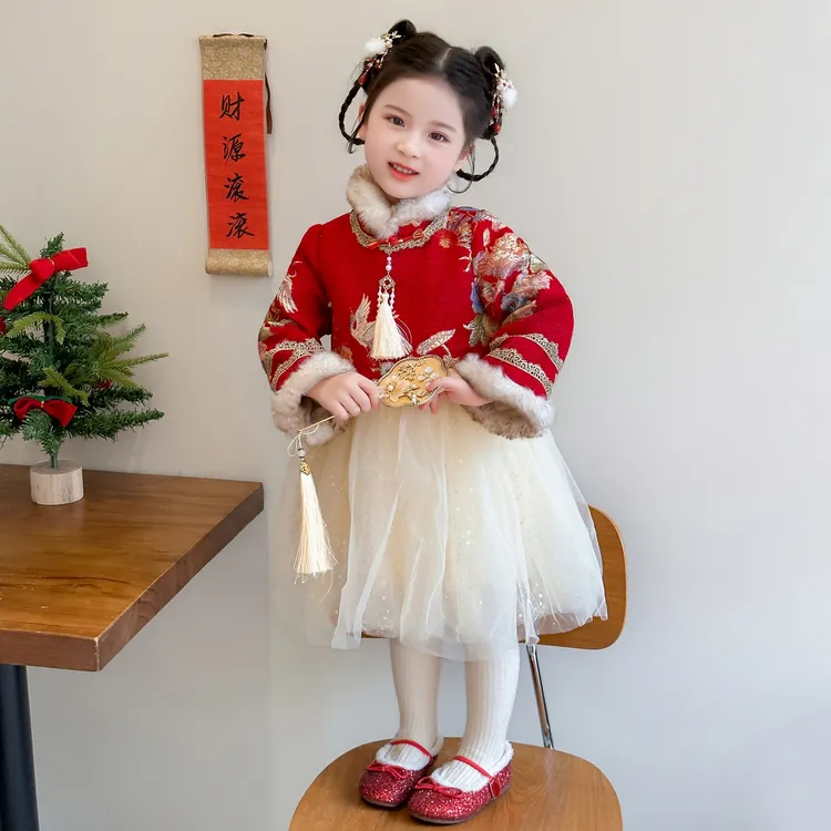 女童加绒加厚年服纱裙冬装2025新款儿童超仙连衣裙宝宝冬季拜年服