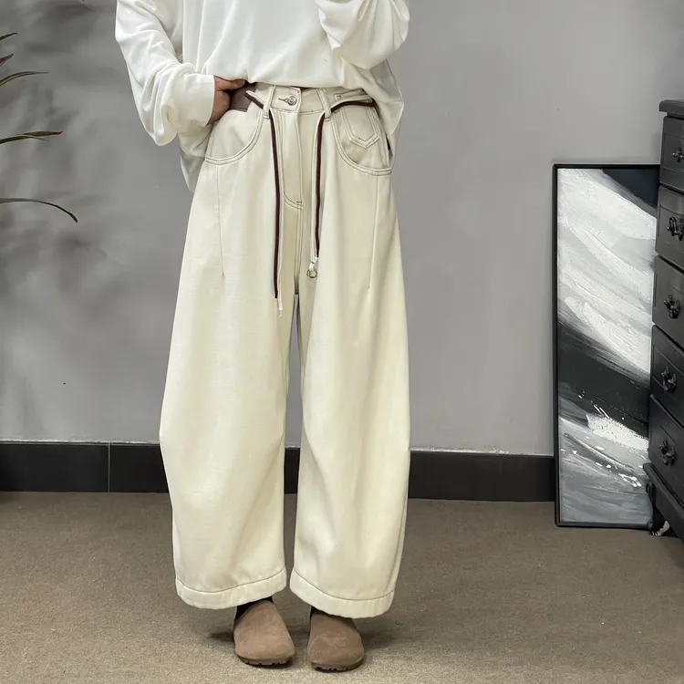 91026冬季加绒加厚阔腿牛仔裤大梨形身材高街街头复古宽松做旧款.