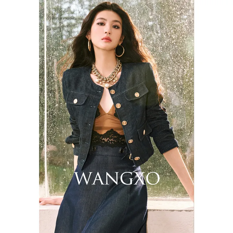 WANGXO  亮丝牛仔贴袋正肩外套半裙套装253785W