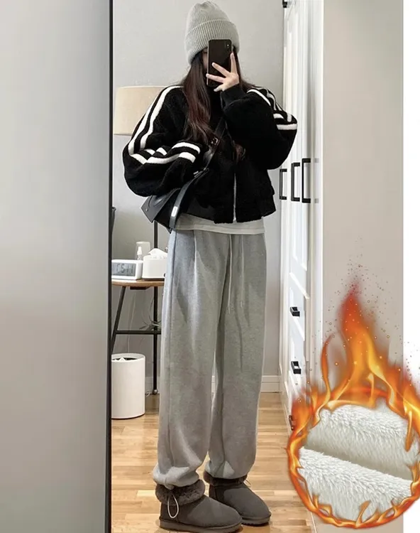孕妇裤加绒运动裤秋冬季2025新款宽松羊羔绒束脚棉裤休闲显瘦卫裤