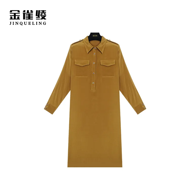 【金雀绫】 新款时尚衬衫领茶黄色重皱桑蚕丝连衣裙Q22037