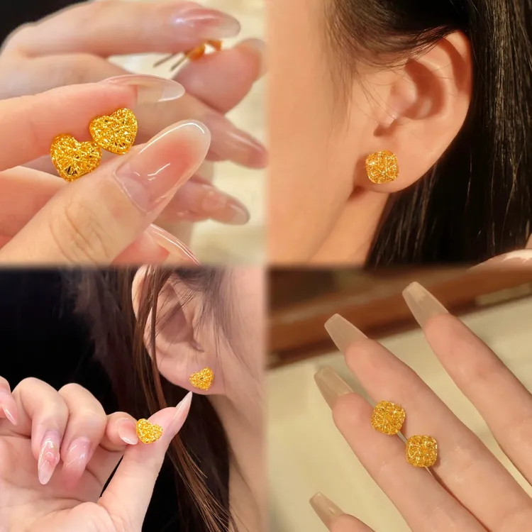 铜合金耳饰 拉丝小方糖耳钉女款仿真金色轻奢高级感气质大气耳饰