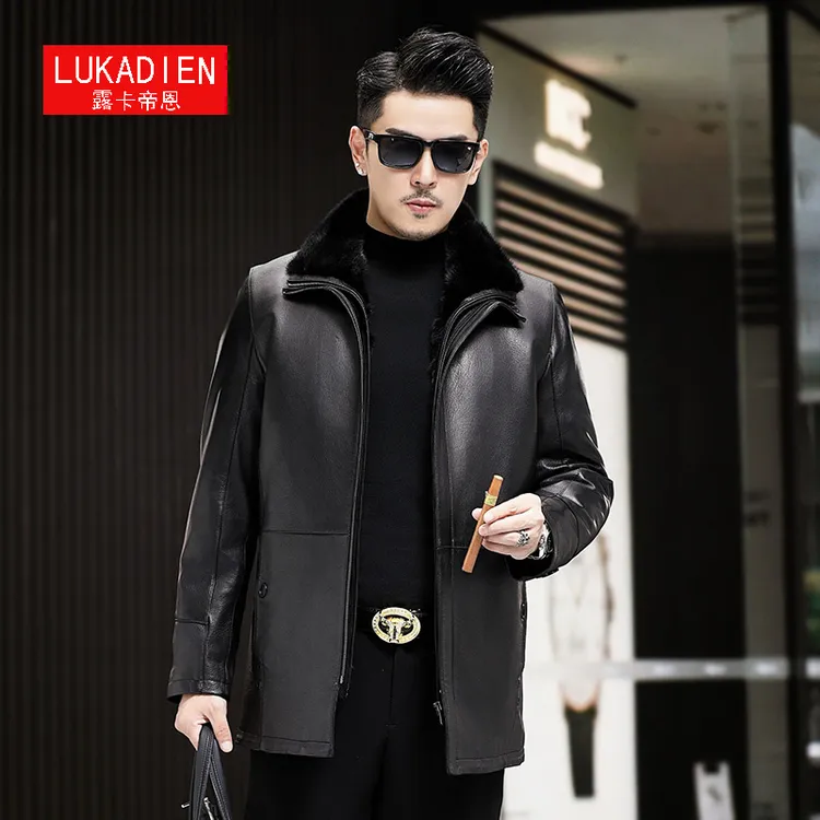 冬季海宁山羊皮真皮皮衣男士水貂毛领中老年水貂内胆貂皮皮草外套