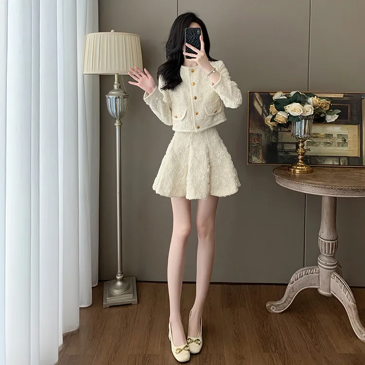 时尚减龄小香风气质开衫外套上衣女秋冬小个子套装百褶短裙两件套