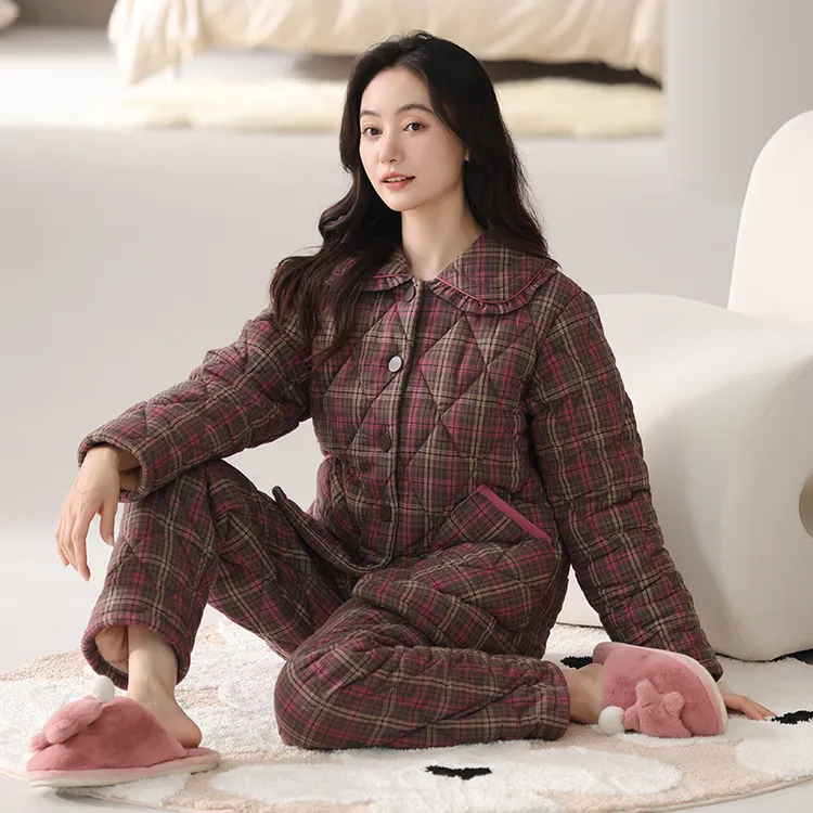 睡衣女冬季三层加厚加绒梭织纯棉夹棉袄秋冬款珊瑚绒高级感家居服